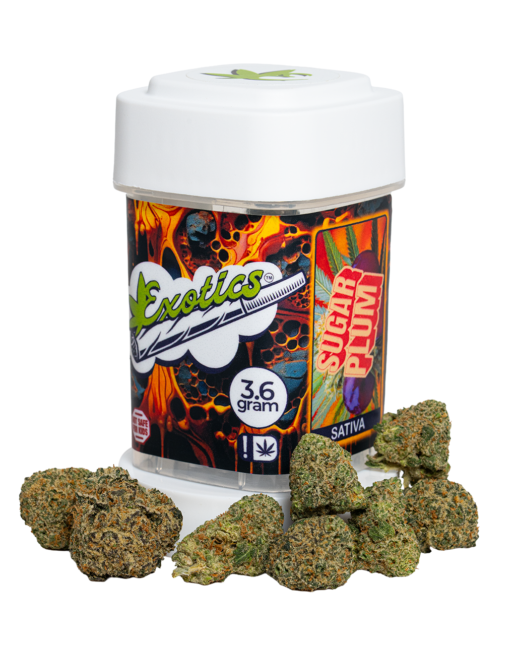 Exotics Sugar Plum sativa cannabis strain container and buds