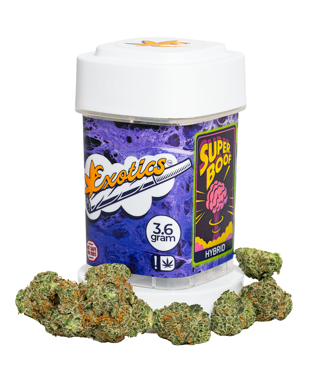 Exotics Super Boof hybrid cannabis strain container and buds