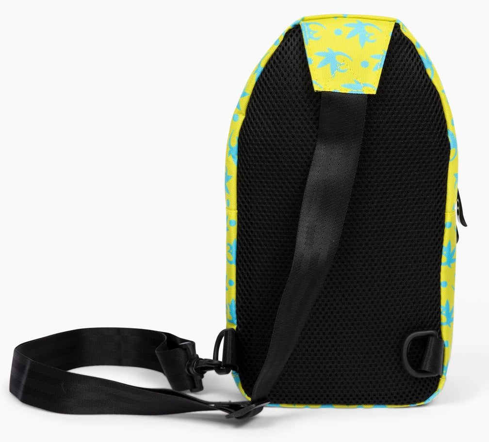 Yellow and blue Exotics crossbody bag with black shoulder strap