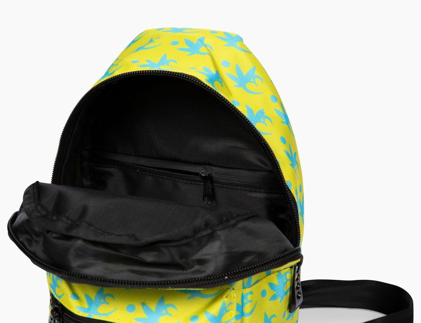 Interior of yellow and blue Exotics crossbody shoulder bag