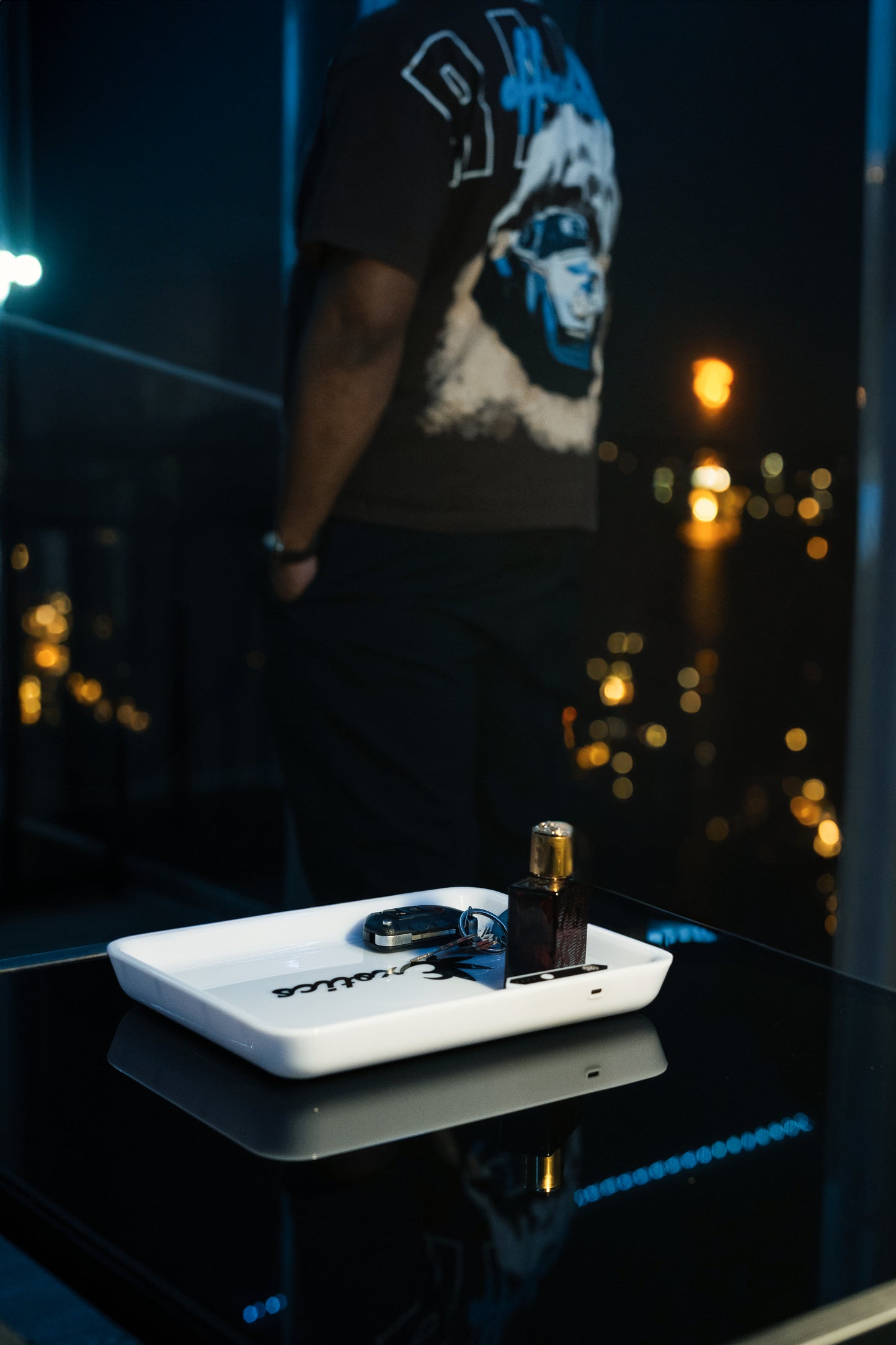 White Exotics logo valet tray in use