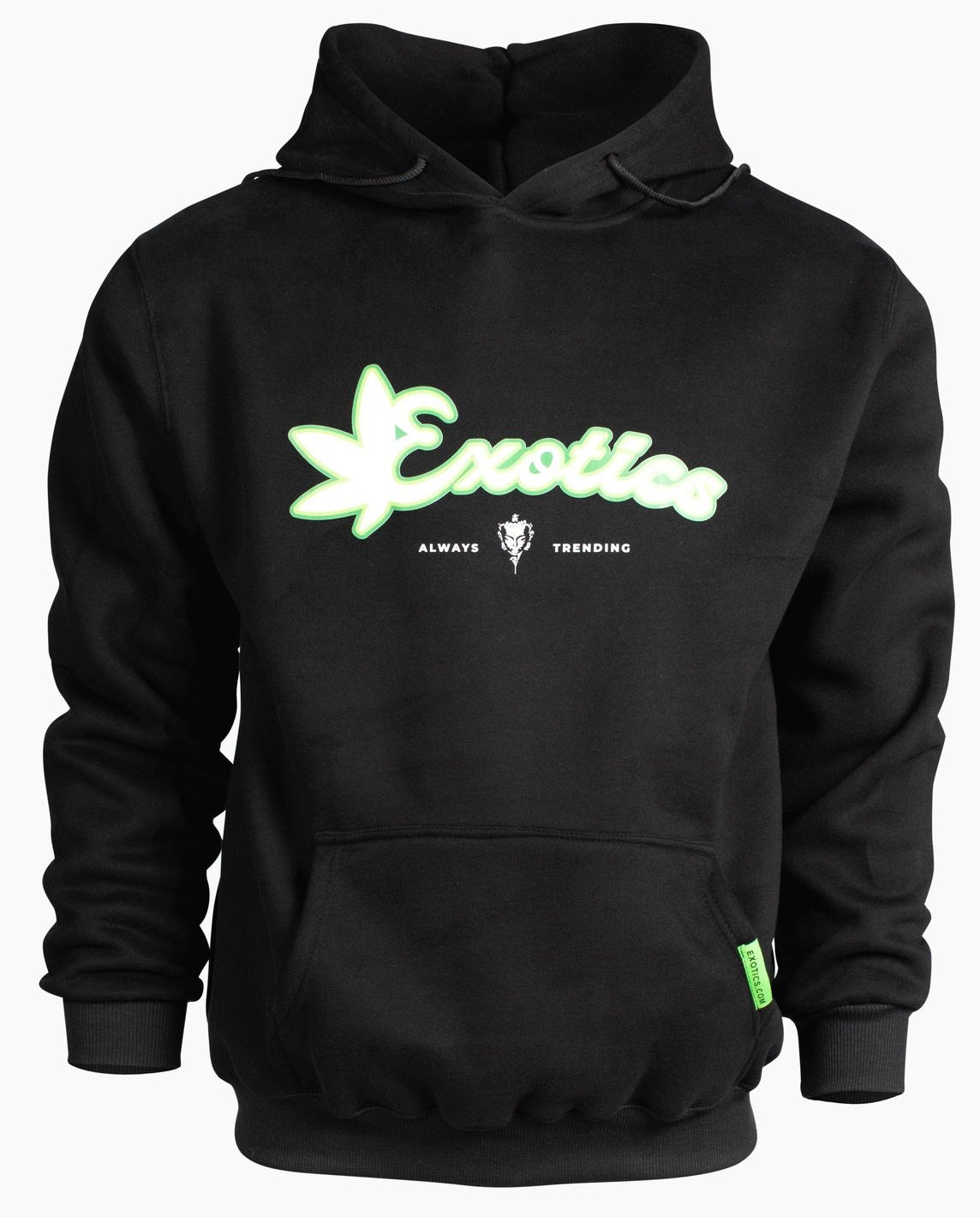 Black kangaroo pocket pullover hoodie with white and green Exotics logo