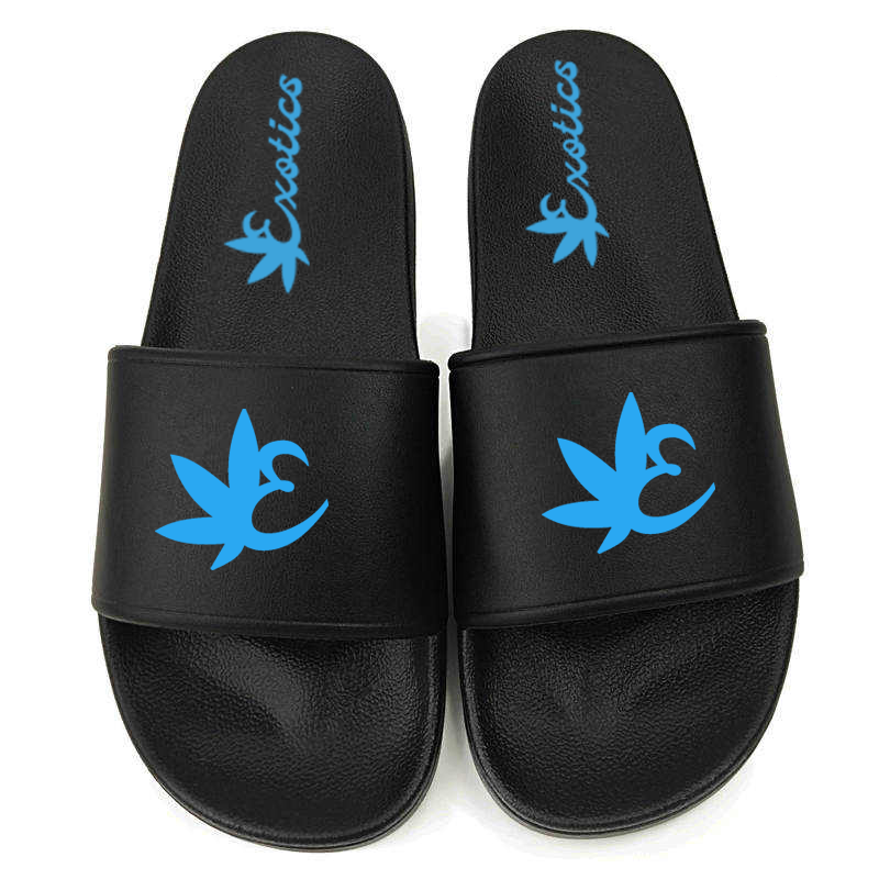 Black Exotics slides with blue logo