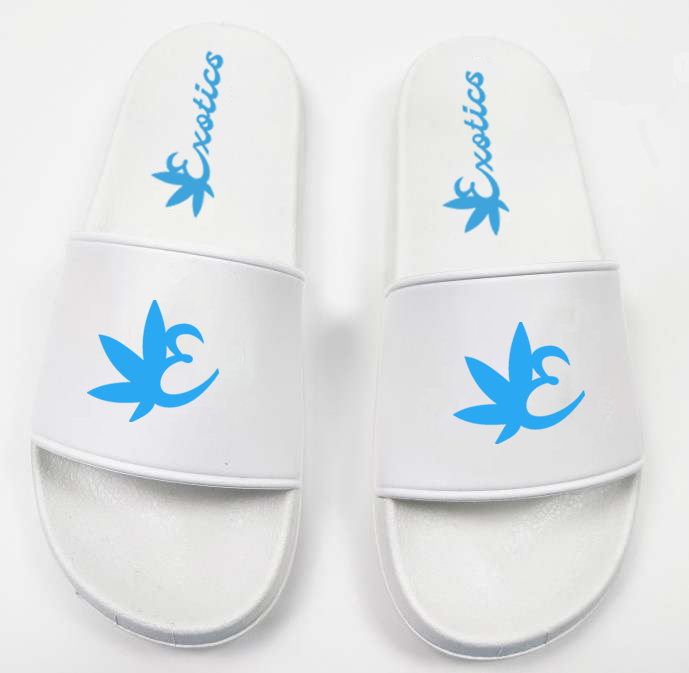 White Exotics slides with blue logo
