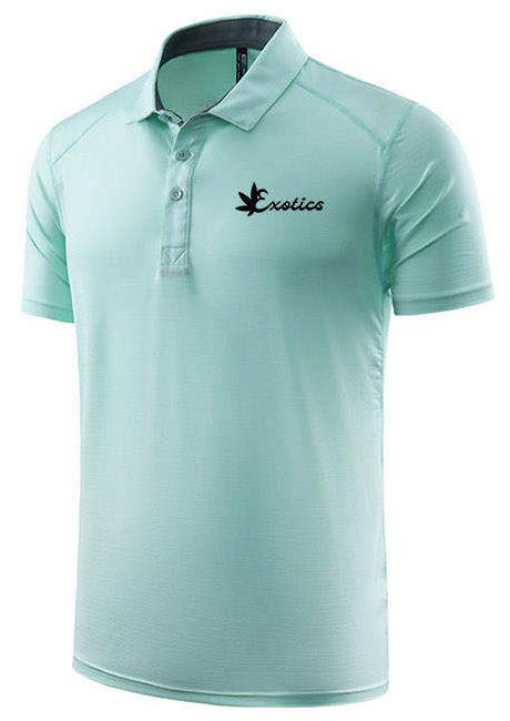 Green Exotics short sleeved golf shirt with gray logo and collar lining