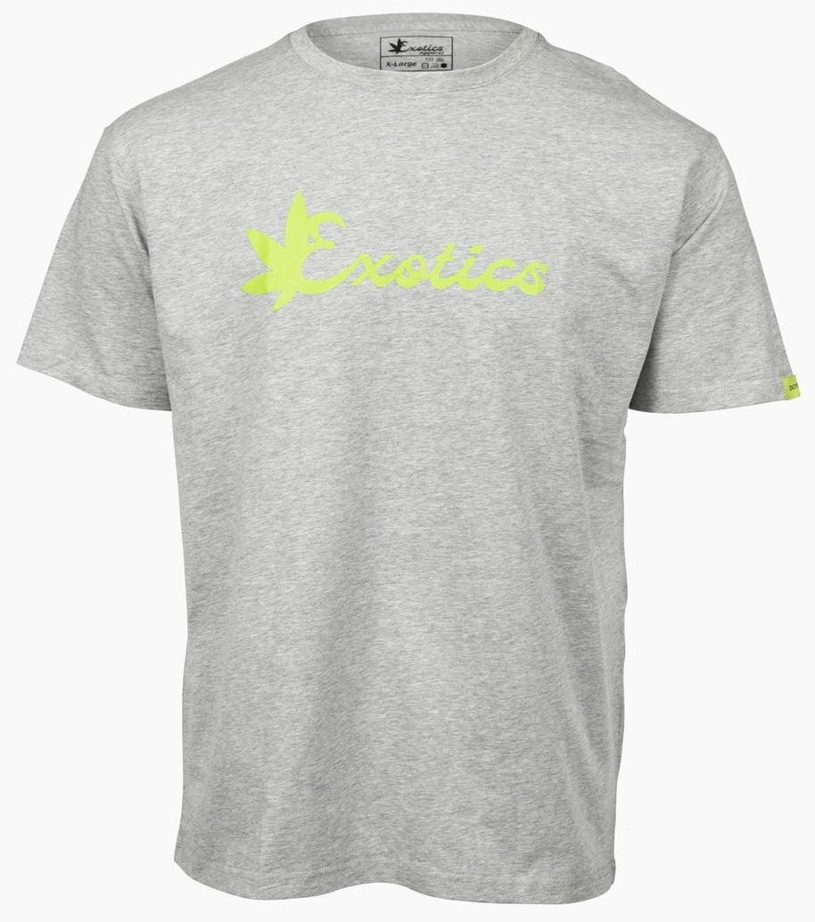 Gray Exotics tee t-shirt with green logo on front
