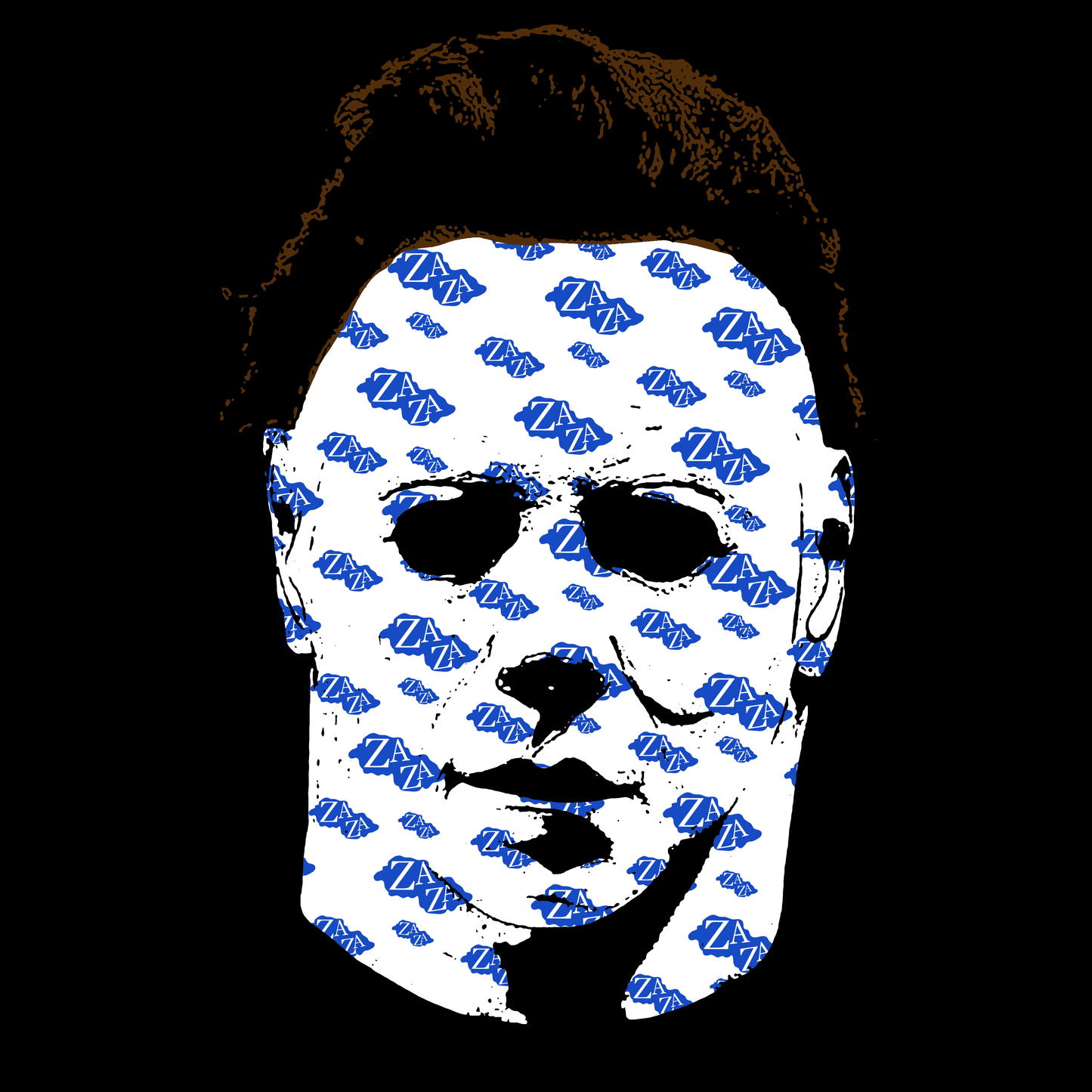 Michael Myers artwork with blue Exotics Zaza logos