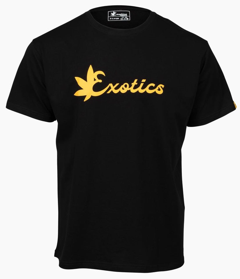 Black Exotics tee t-shirt with orange logo on front