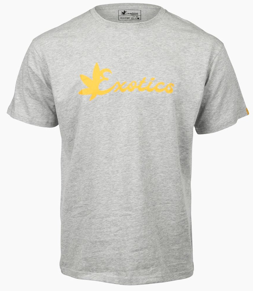 Gray Exotics tee t-shirt with orange logo on front