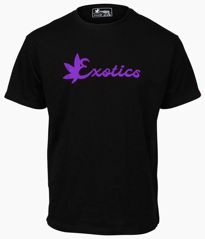 Black Exotics tee t-shirt with purple logo on front