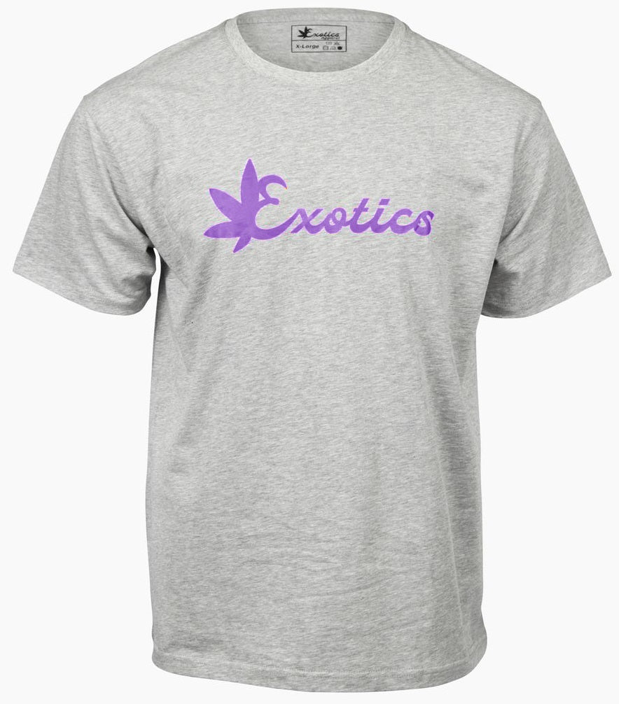 Gray Exotics tee t-shirt with purple logo on front