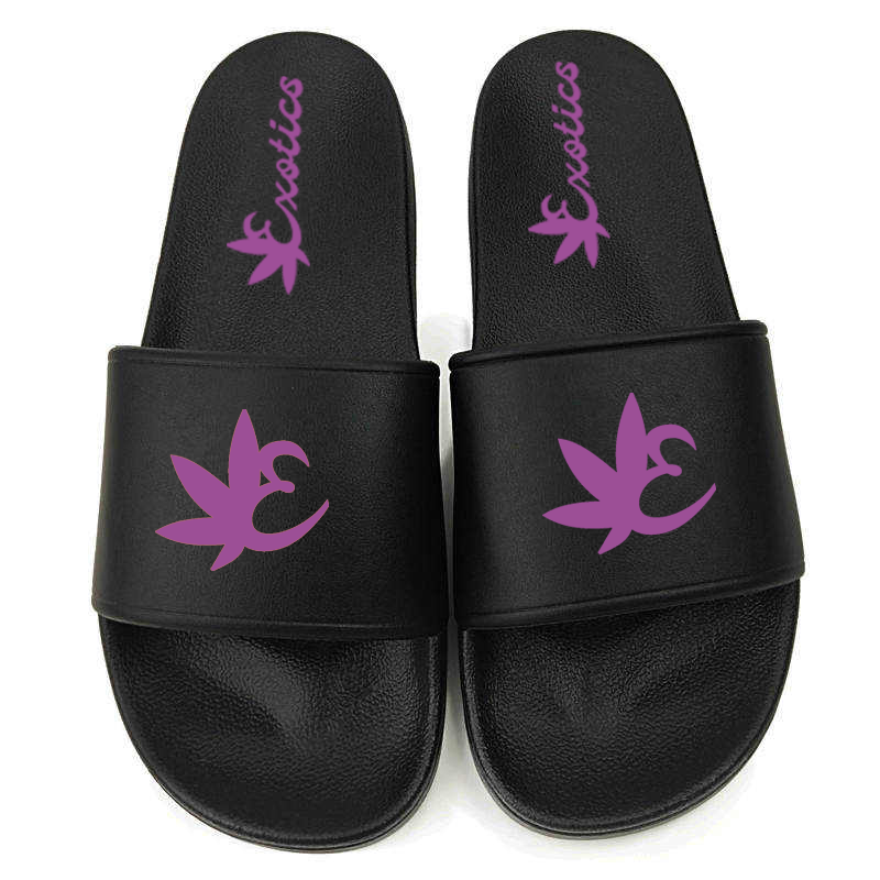 Black Exotics slides with purple logo