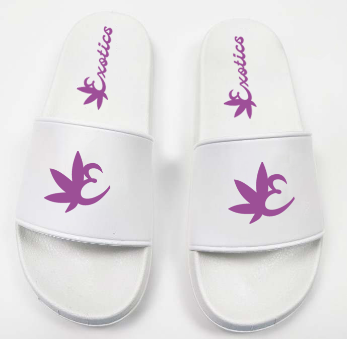 White Exotics slides with purple logo