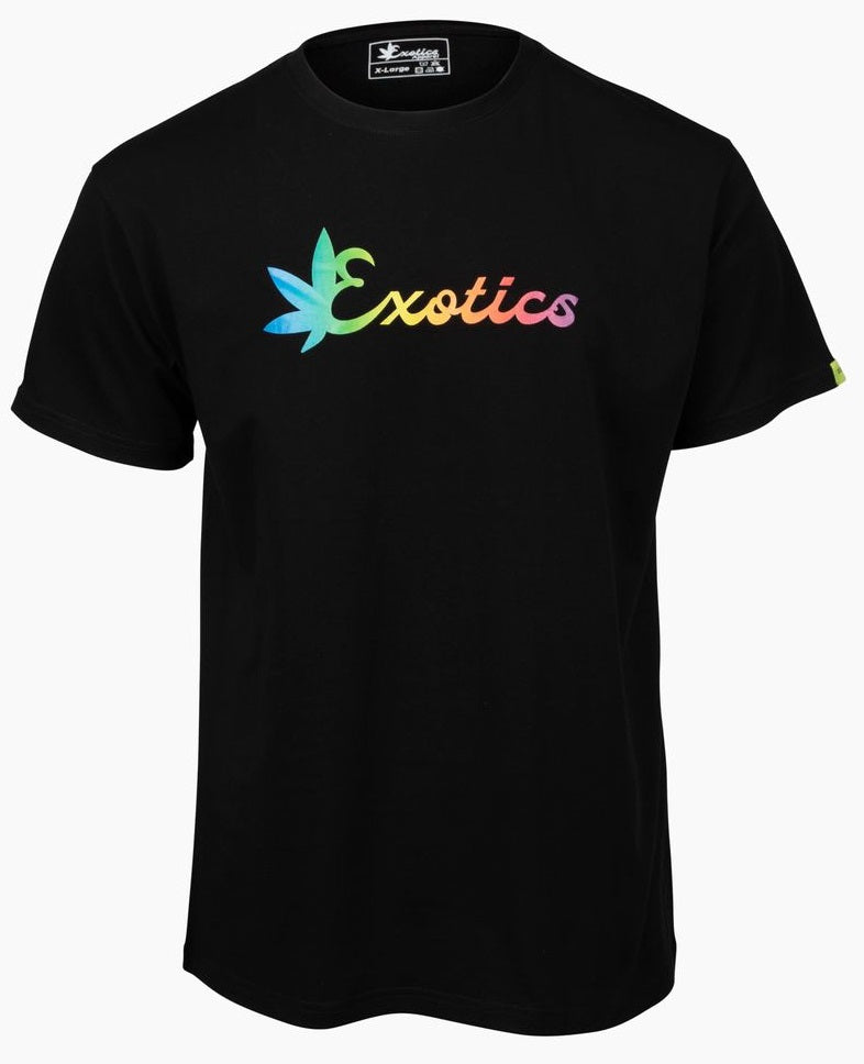 Black Exotics tee t-shirt with rainbow logo on front
