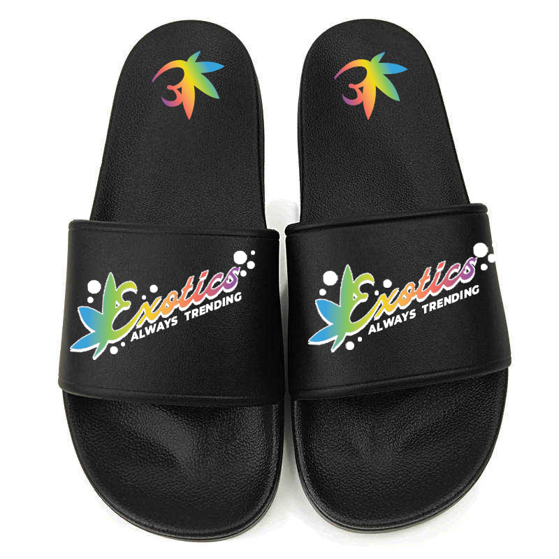 Black Exotics slides with rainbow logo