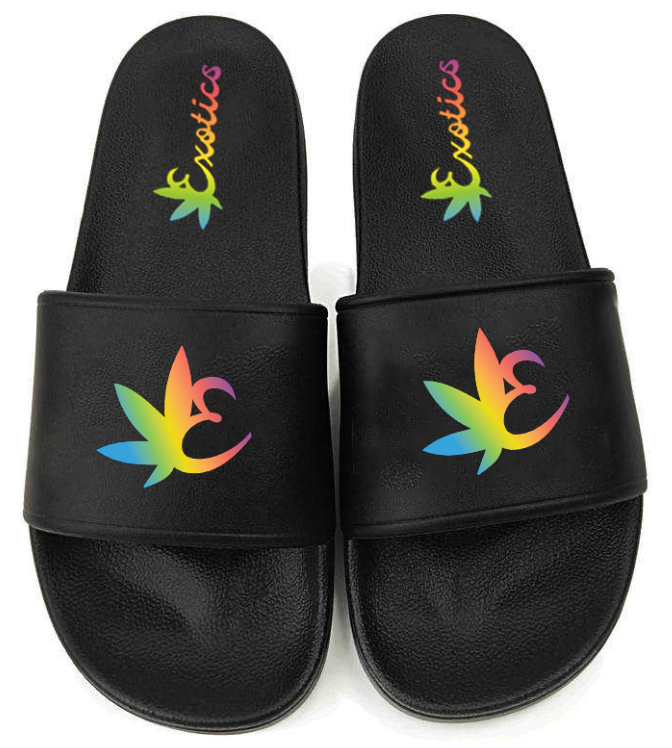 Black Exotics slides with rainbow monogram logo