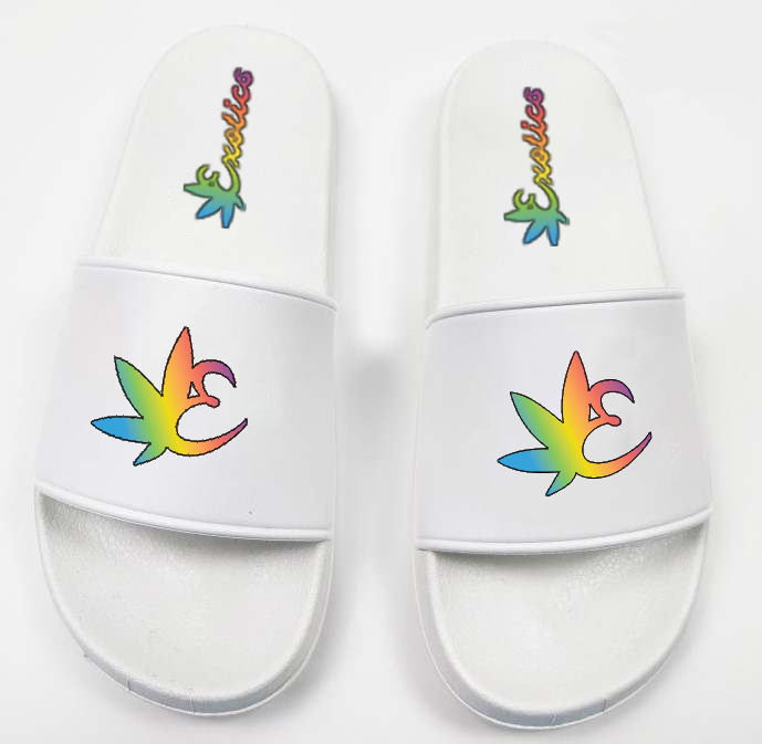 White Exotics slides with rainbow monogram logo