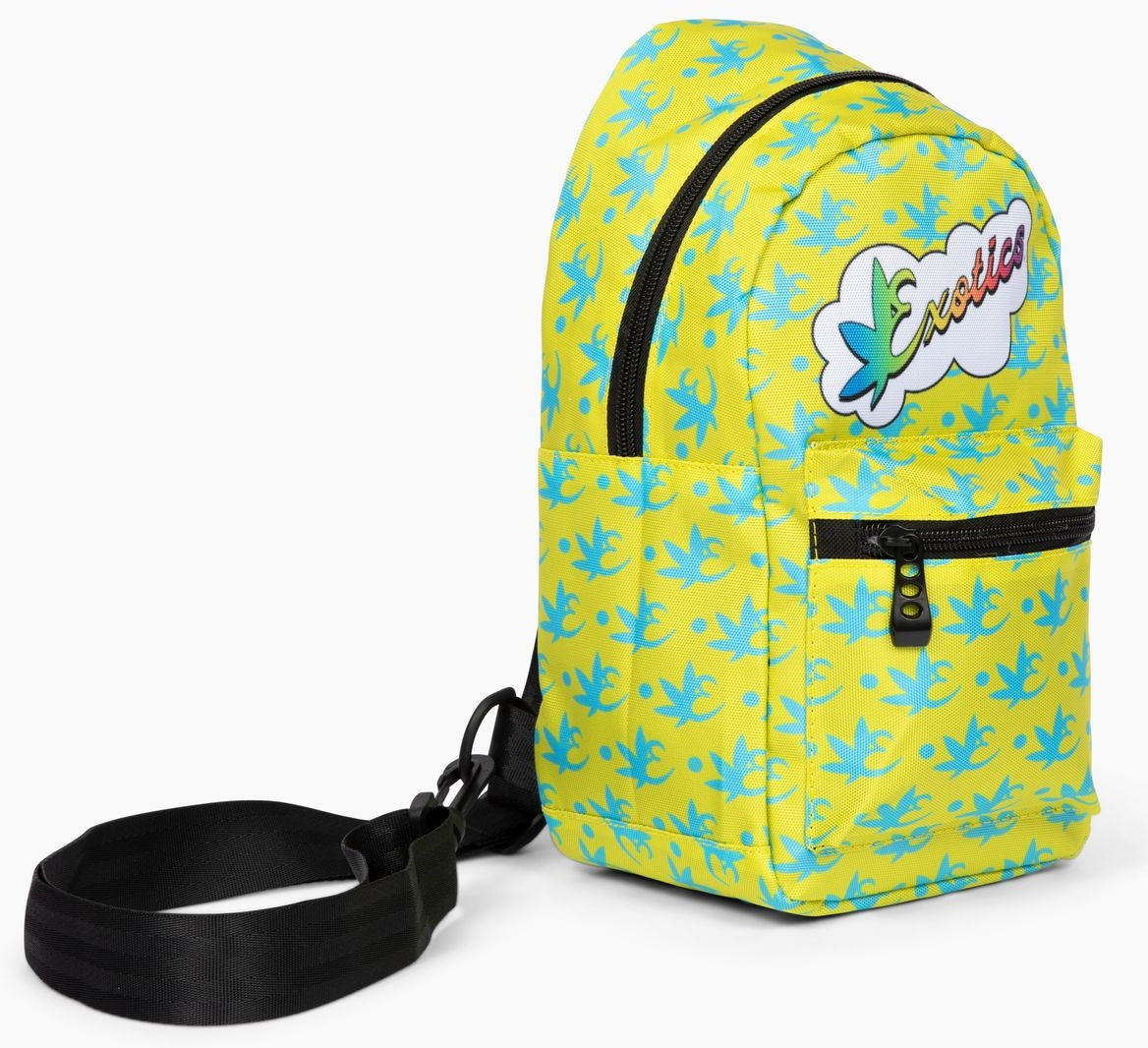 Yellow and blue Exotics crossbody shoulder bag with rainbow logo