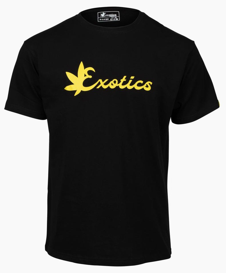 Black Exotics tee t-shirt with yellow logo on front