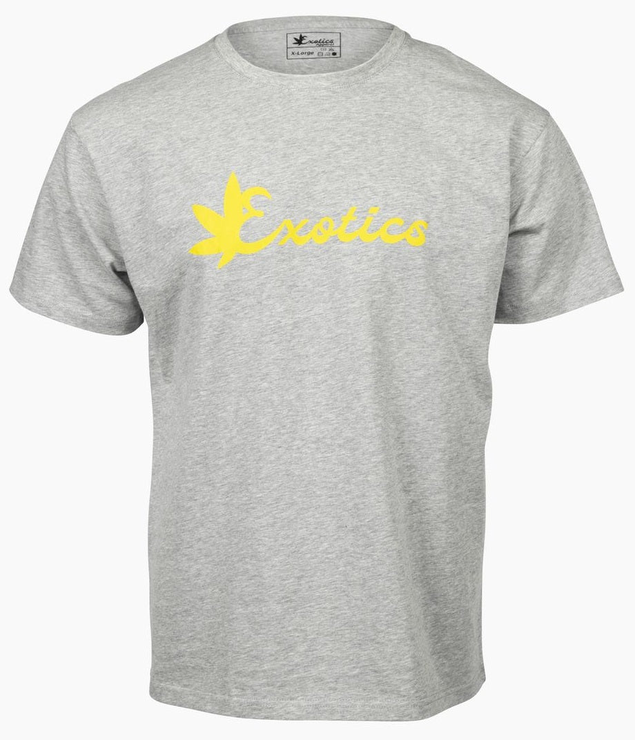 Gray Exotics tee t-shirt with yellow logo on front