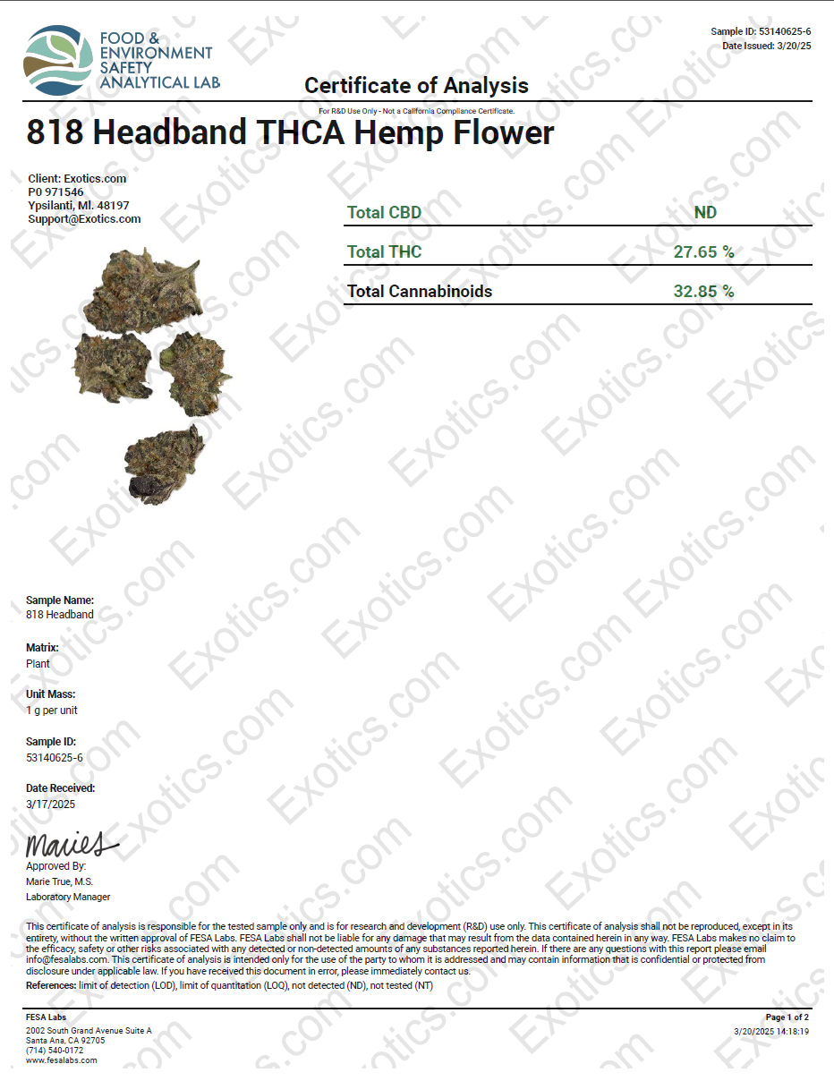 Exotics 818 Headband cannabis hybrid strain COA