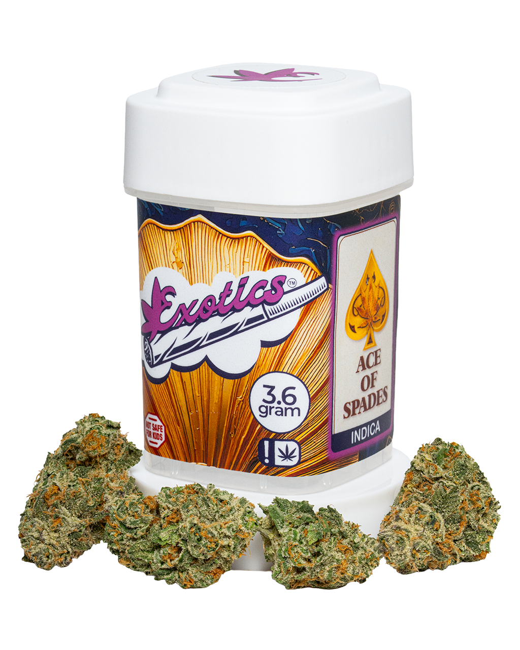 Exotics Ace of Spades cannabis indica strain container and buds