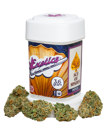 Exotics Ace of Spades cannabis indica strain container and buds