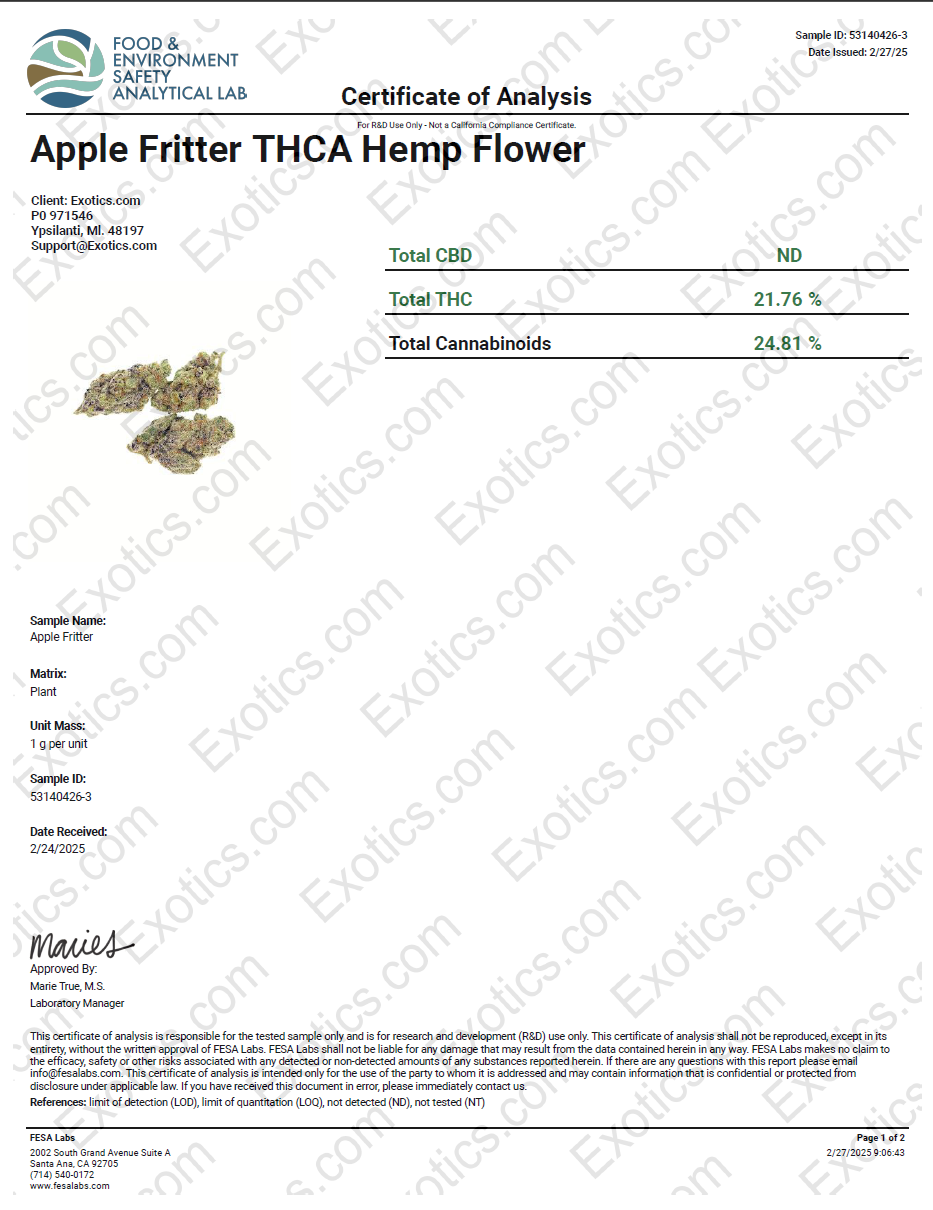 Exotics Apple Fritter cannabis hybrid strain COA