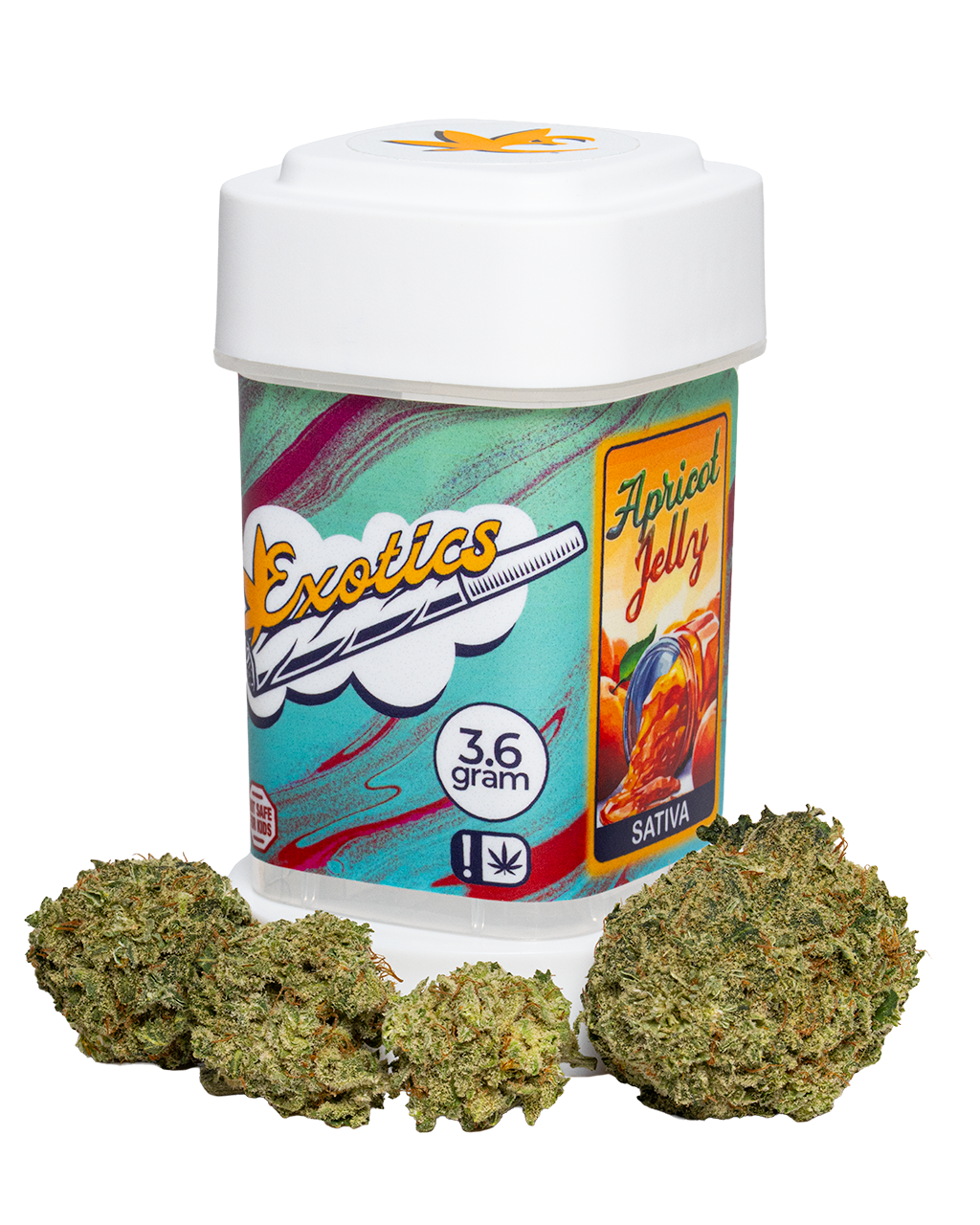 Exotics Apricot Jelly cannabis sativa strain container and buds
