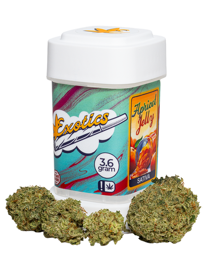 Exotics Apricot Jelly cannabis sativa strain container and buds