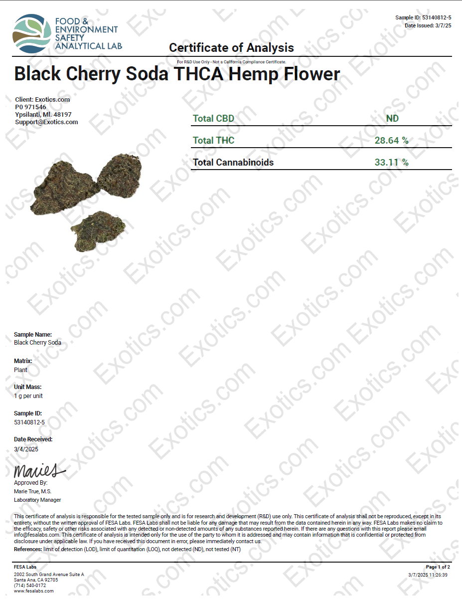 Exotics Black Cherry Soda cannabis sativa strain COA
