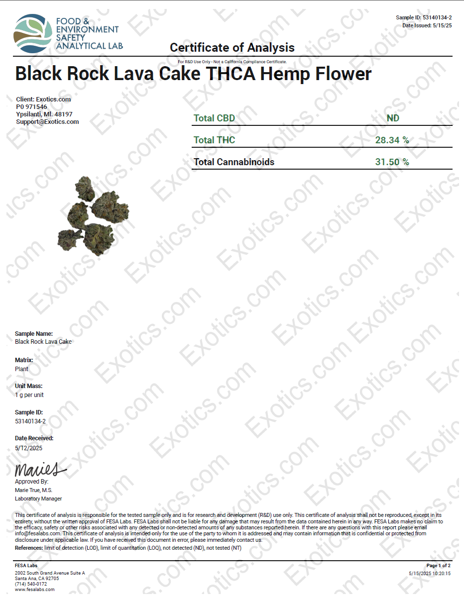 Exotics Black Rock Lava Cake cannabis indica hybrid strain COA