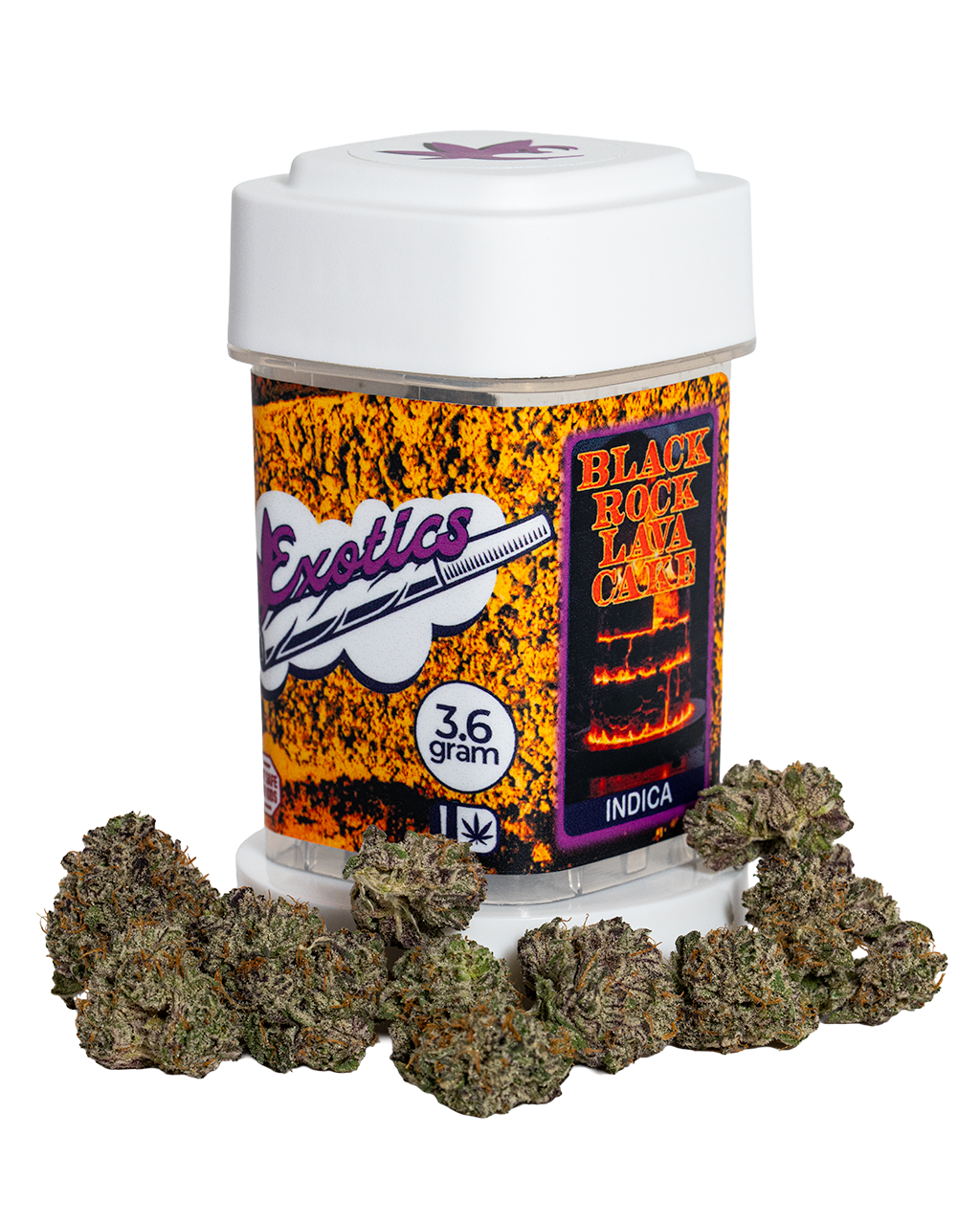 Exotics Black Rock Lava Cake cannabis indica hybrid strain container and flower buds