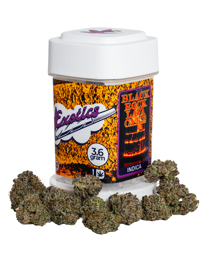 Exotics Black Rock Lava Cake cannabis indica hybrid strain container and flower buds