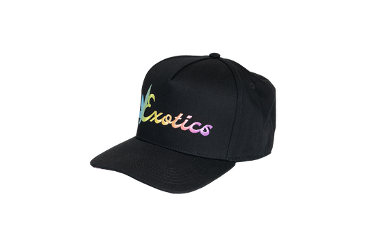 Black Exotics snapback hat with embroidered rainbow logo