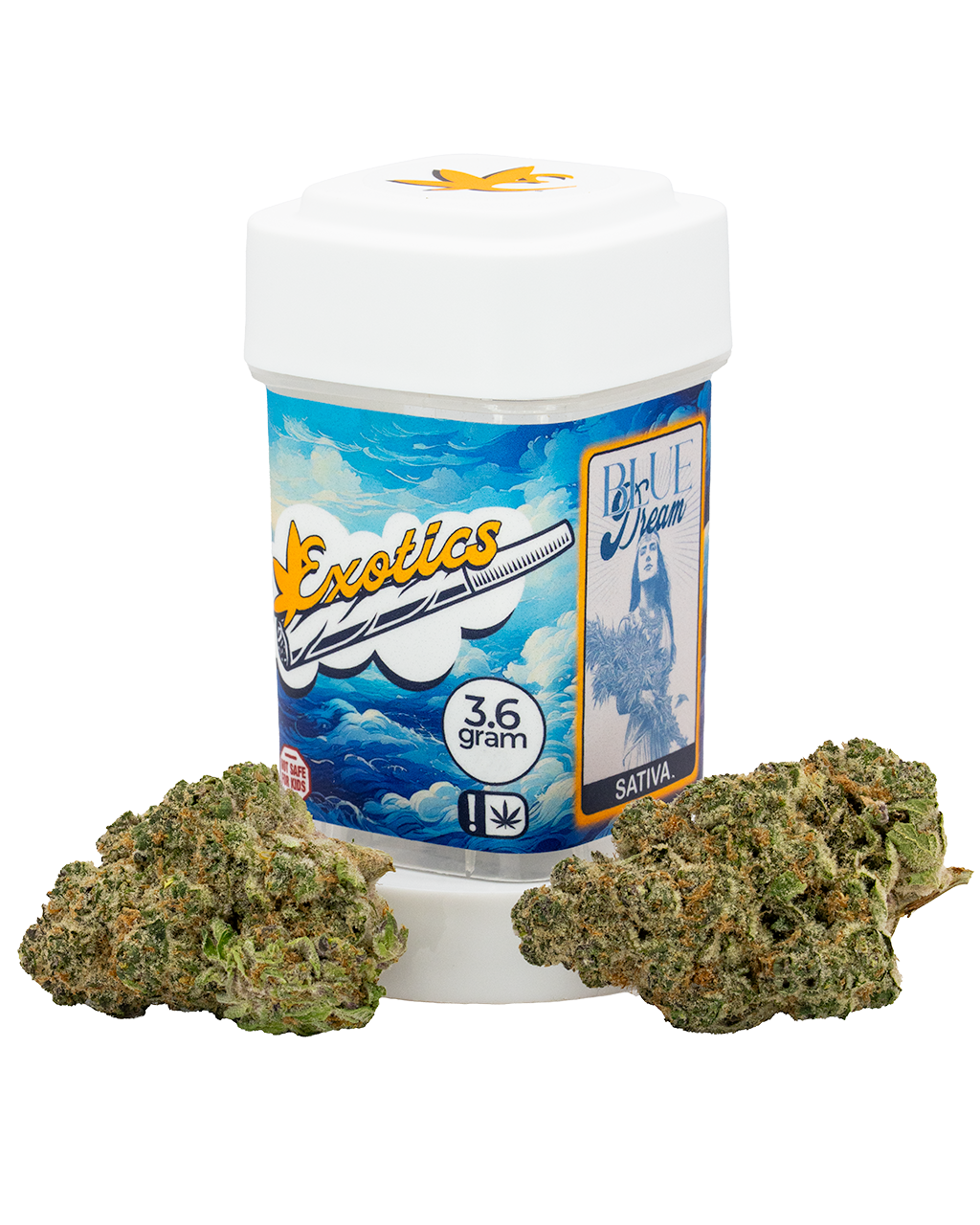 Exotics Blue Dream cannabis sativa strain container and flower buds