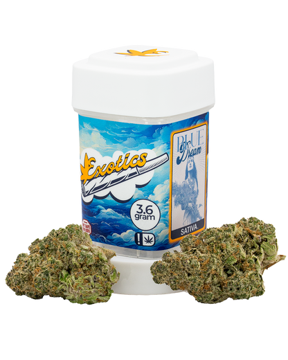 Exotics Blue Dream cannabis sativa strain container and flower buds