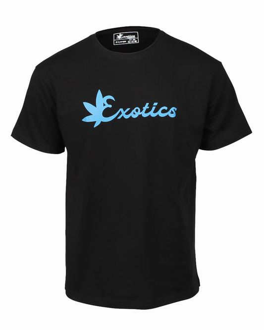 Black Exotics tee t-shirt with blue logo on front