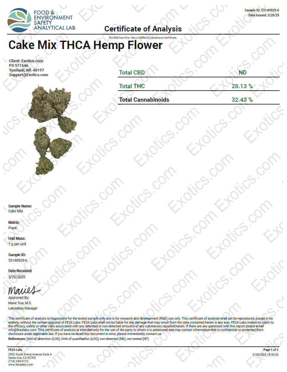 Exotics Cake Mix cannabis hybrid indica strain COA