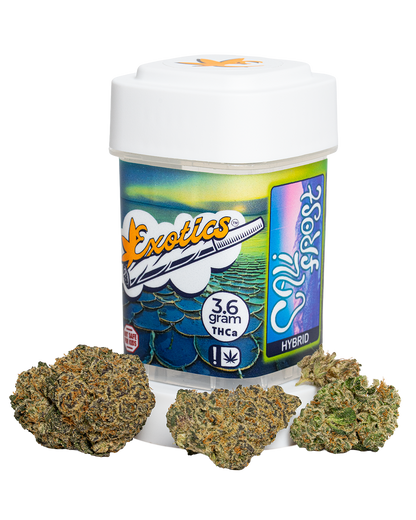 Exotics Cali Frost hybrid cannabis strain container and buds