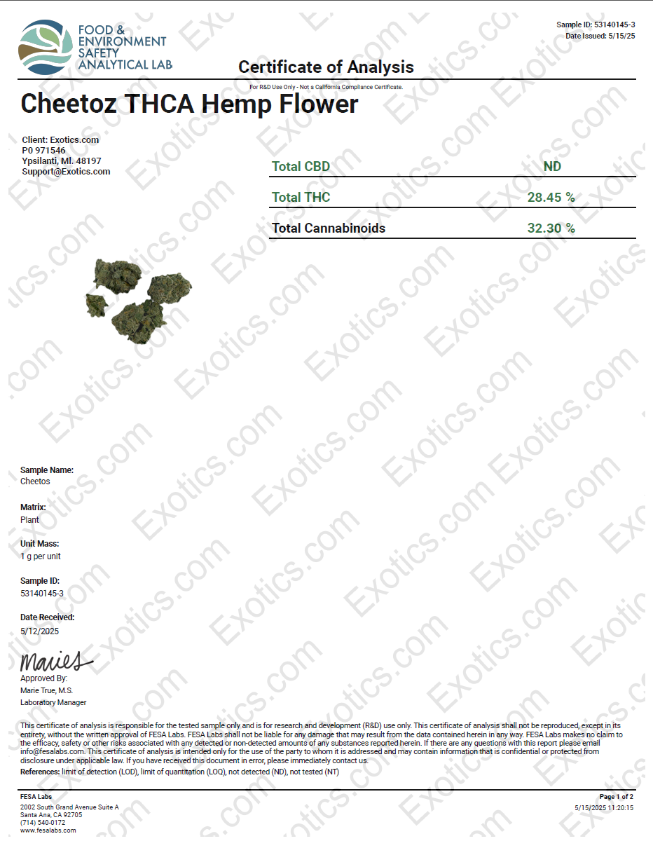 Exotics Cheetoz cannabis sativa hybrid strain COA