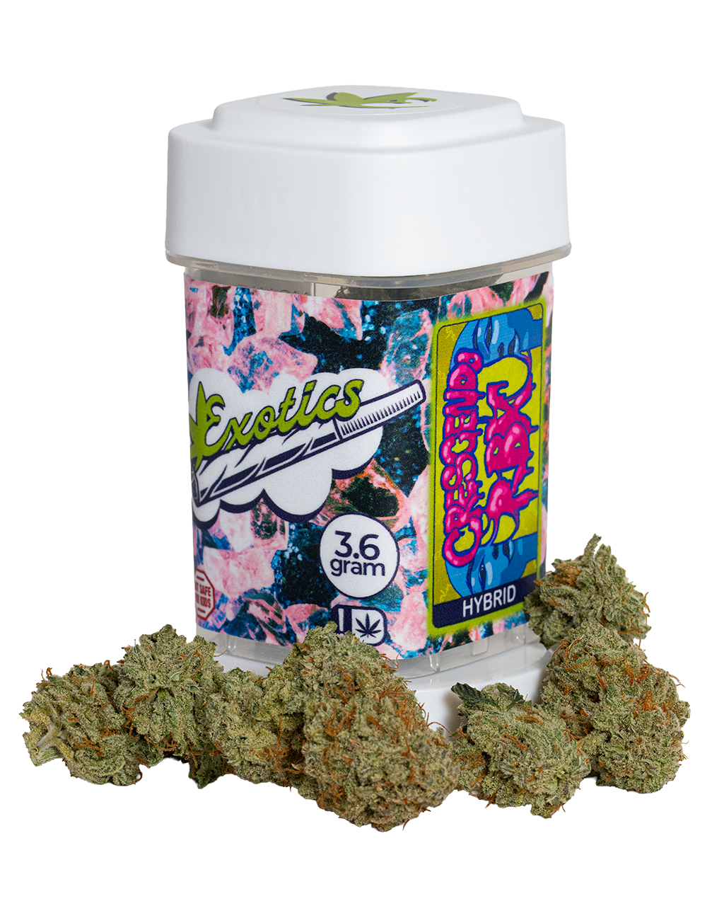Exotics Crescendo RBX cannabis hybrid strain container and flower buds