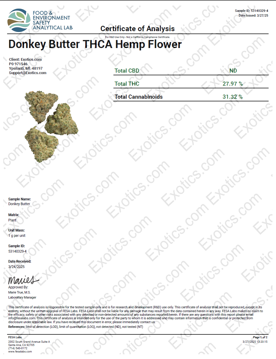 Exotics Donkey Butter cannabis indica hybrid strain COA