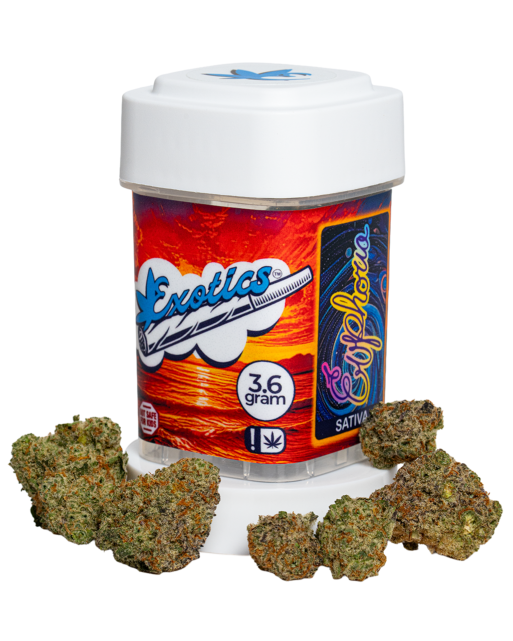 Exotics Euphoria sativa hybrid cannabis strain container and buds