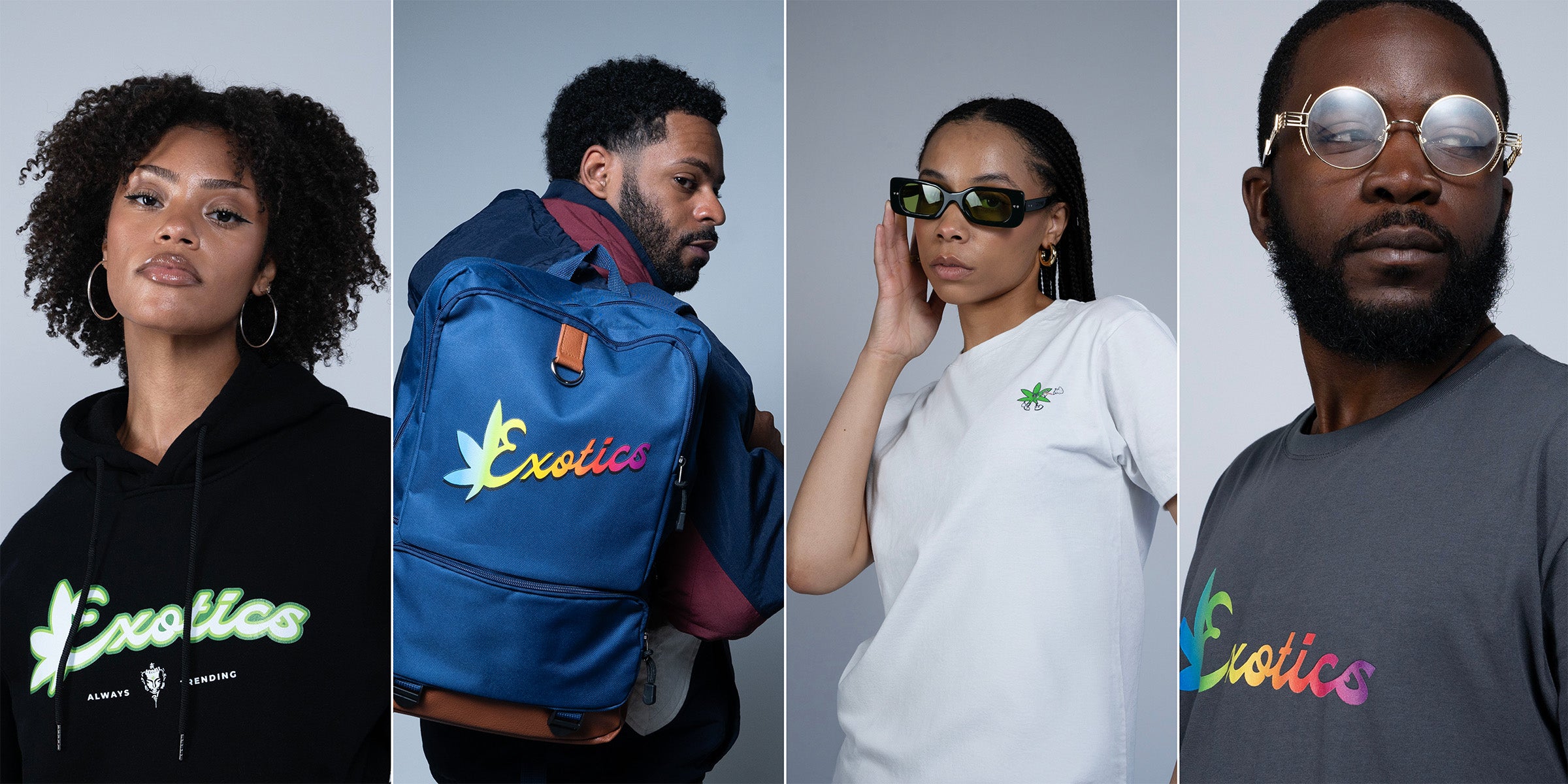 Four people wearing clothing with 'Exotics' branding against a gray background