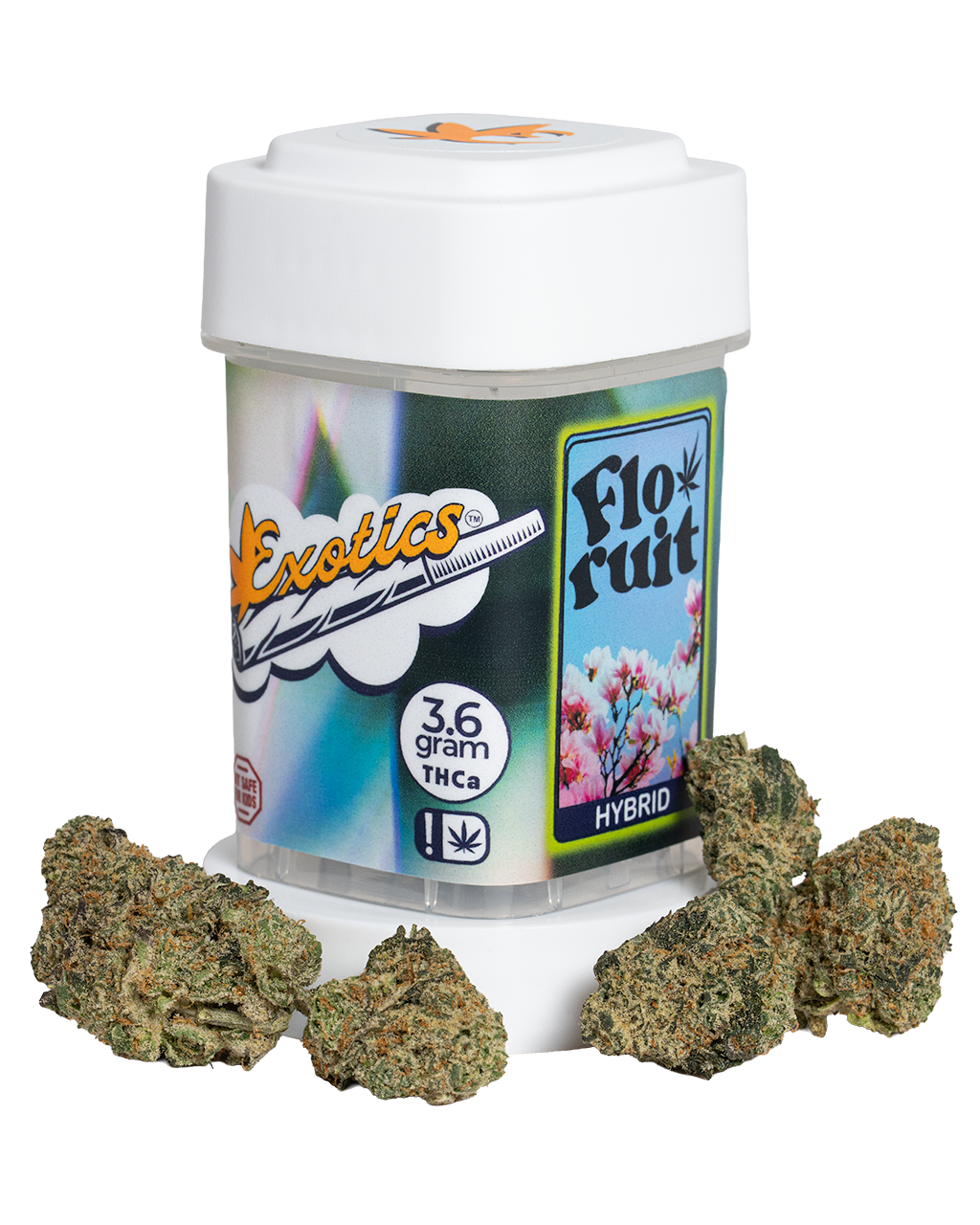 Exotics Flo Ruit cannabis hybrid strain container and buds