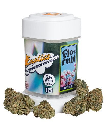 Exotics Flo Ruit cannabis hybrid strain container and buds