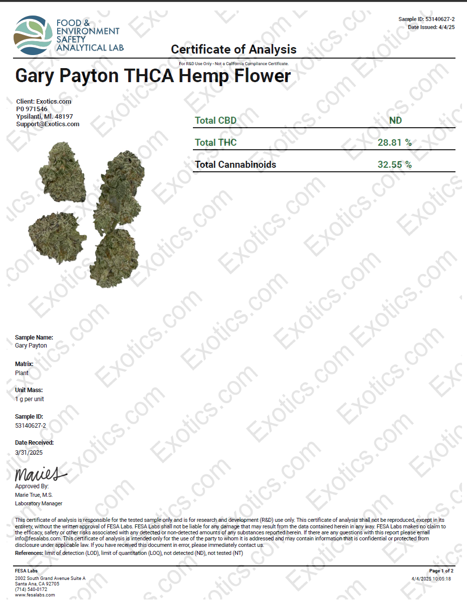 Exotics Gary Payton cannabis hybrid strain COA