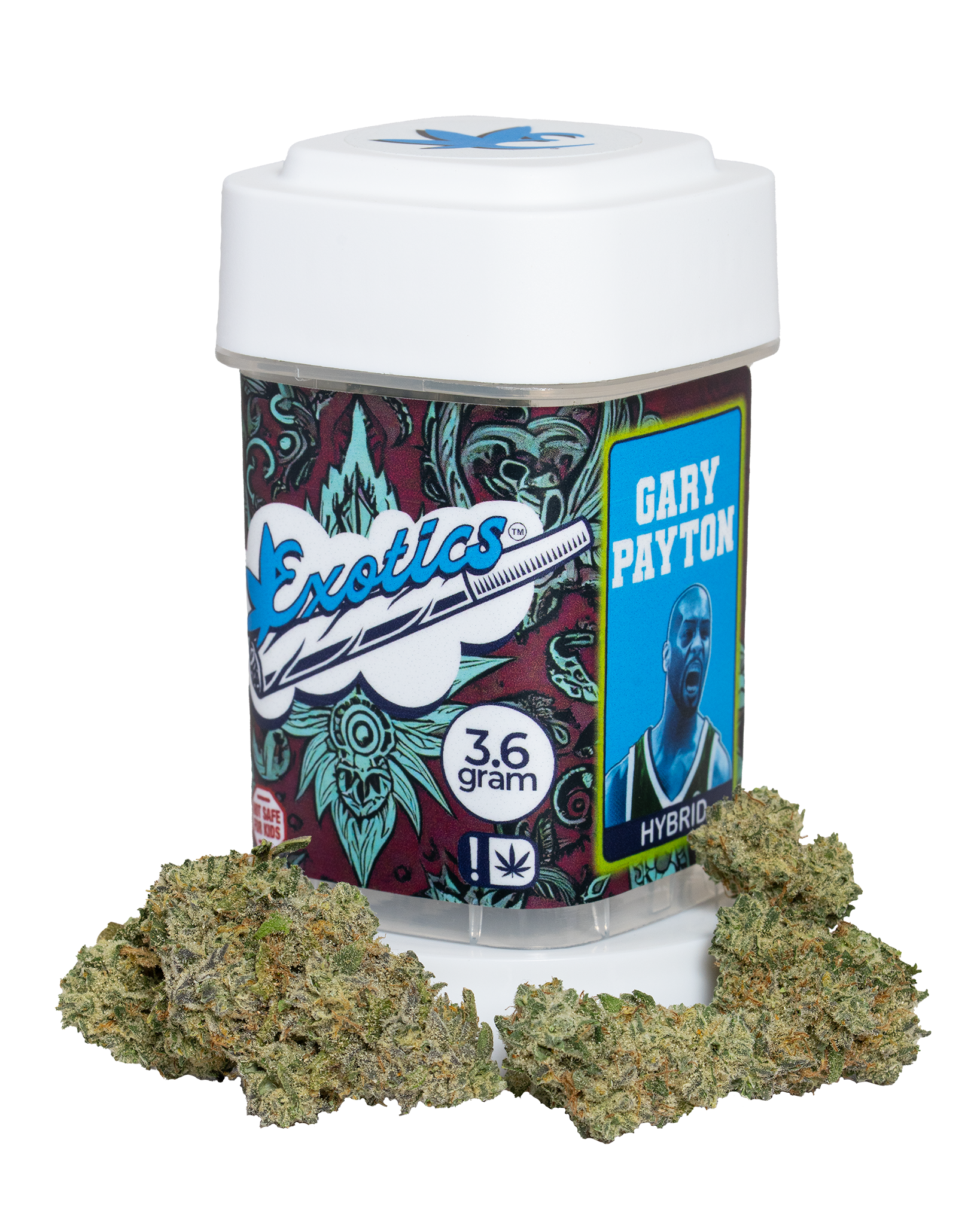 Exotics Gary Payton hybrid cannabis strain container and flower buds