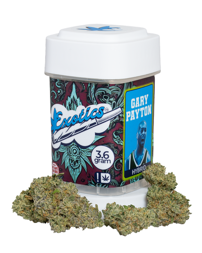 Exotics Gary Payton hybrid cannabis strain container and flower buds